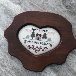 Vintage Handmade Cross Stitch May God Bless in Handmade Wood Frame SIGNED DATED